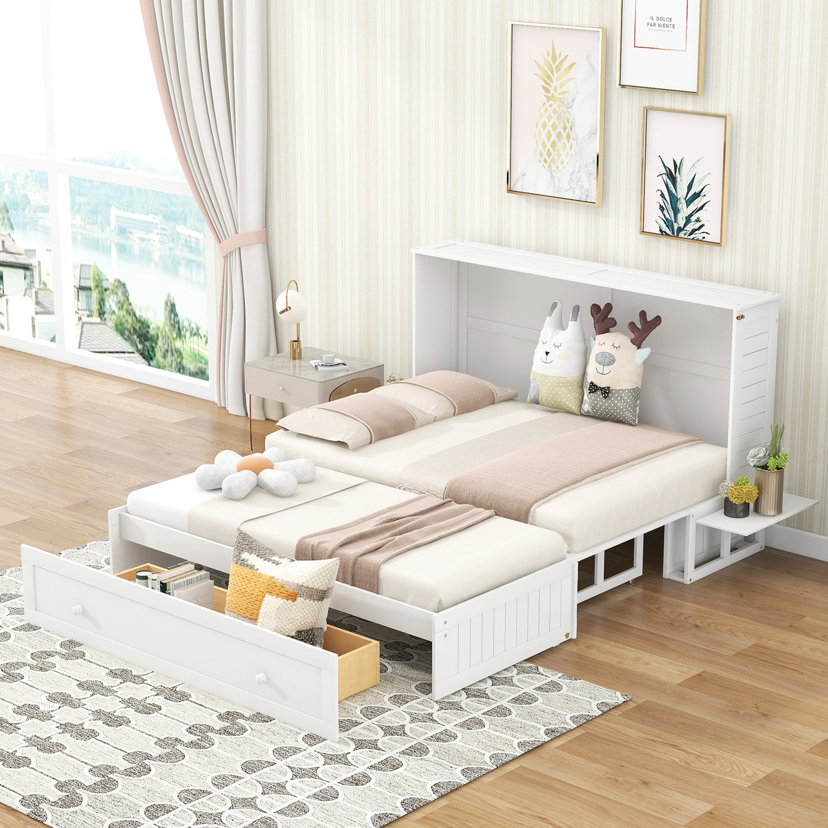 White queen Murphy bed with drawer base and side shelves, styled with pillows