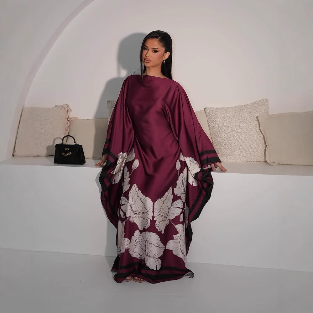 Wine red printed dress with white floral panel and wide loose batwing sleeves