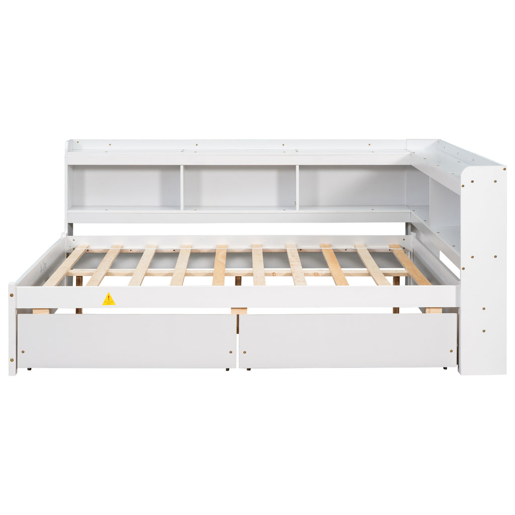 White full bed frame with open drawer storage, wooden slats, and side bookcase shelves