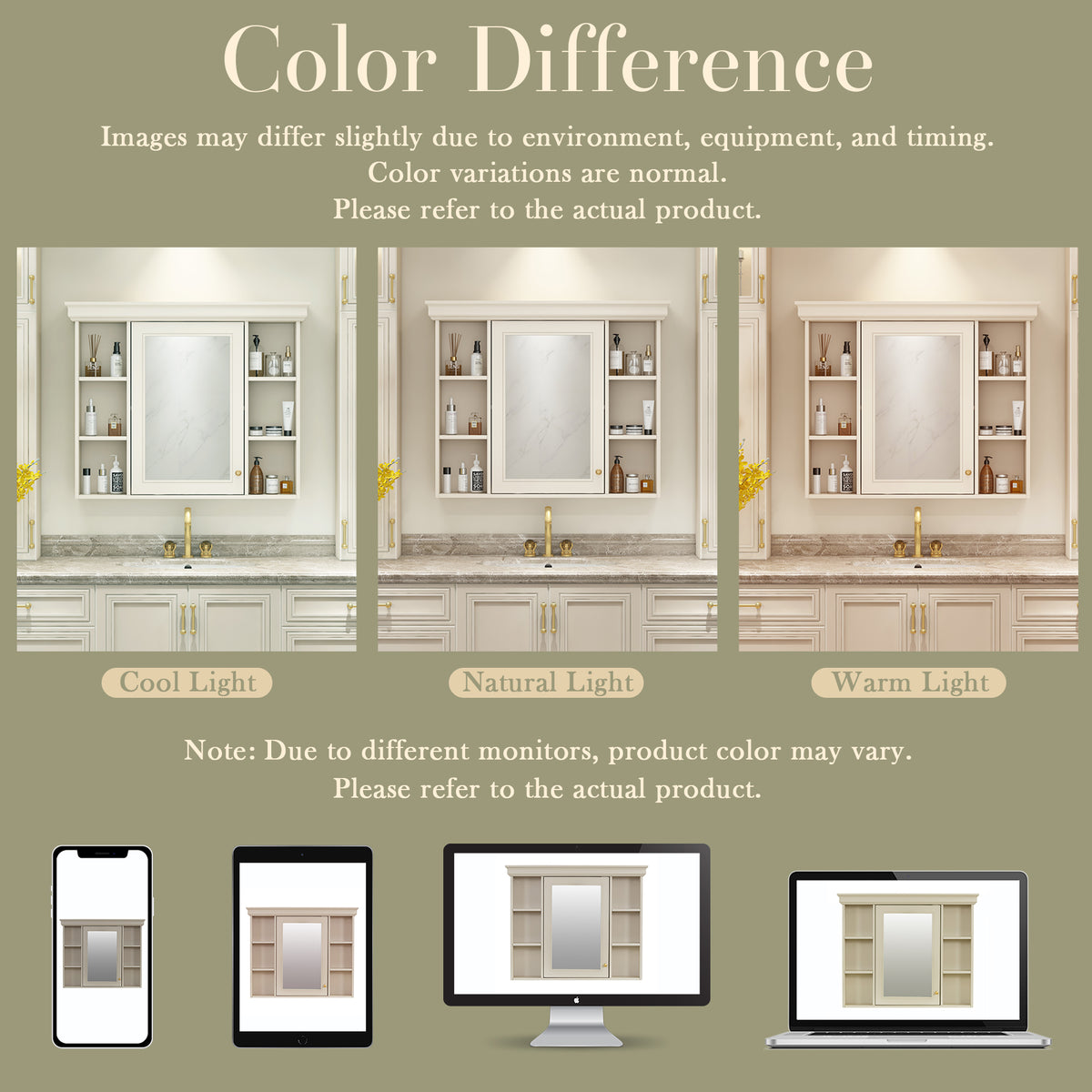 Bathroom wall cabinet mockups in lighting tones, mirrored door and shelving