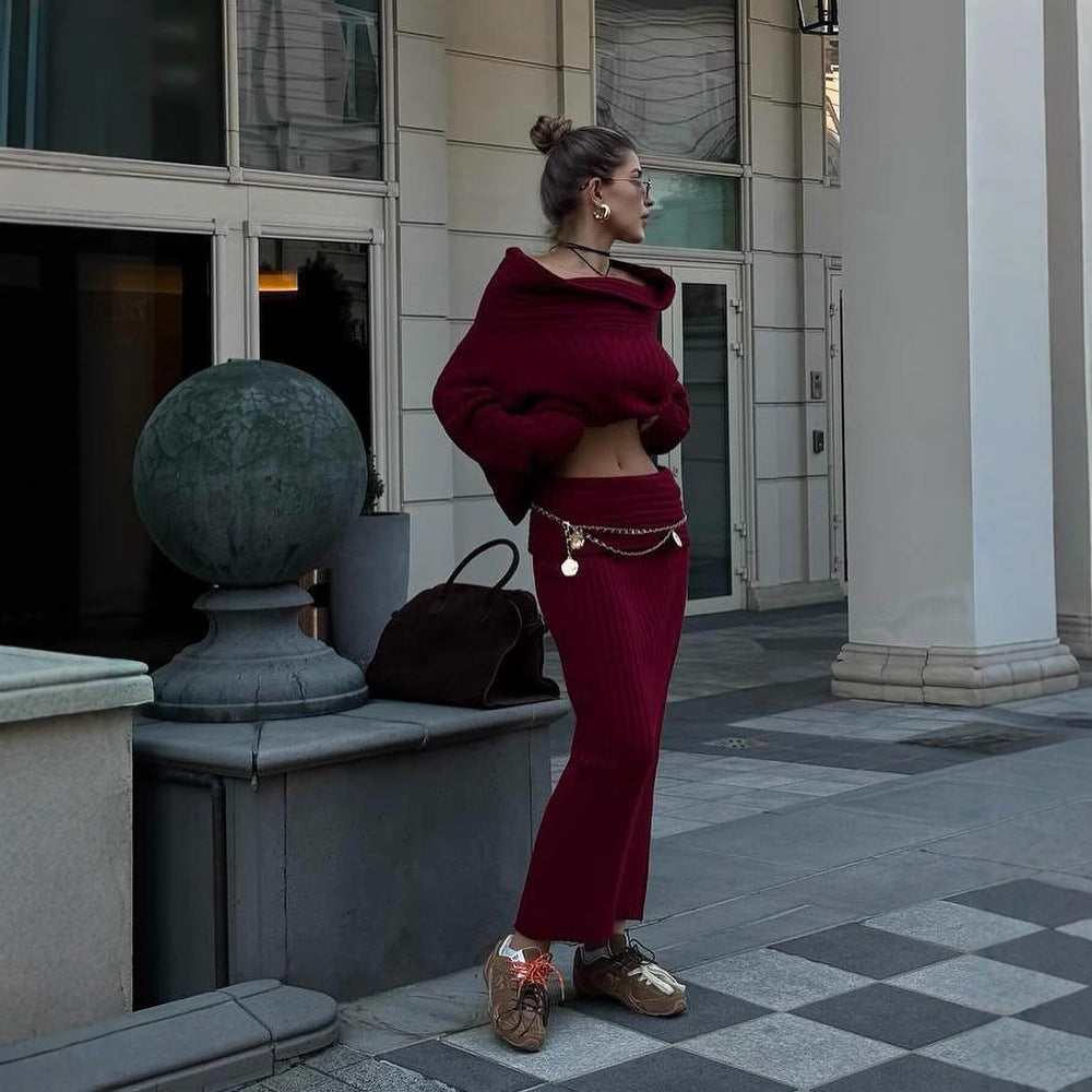Burgundy off-shoulder ribbed knit sweater with matching long knit skirt set