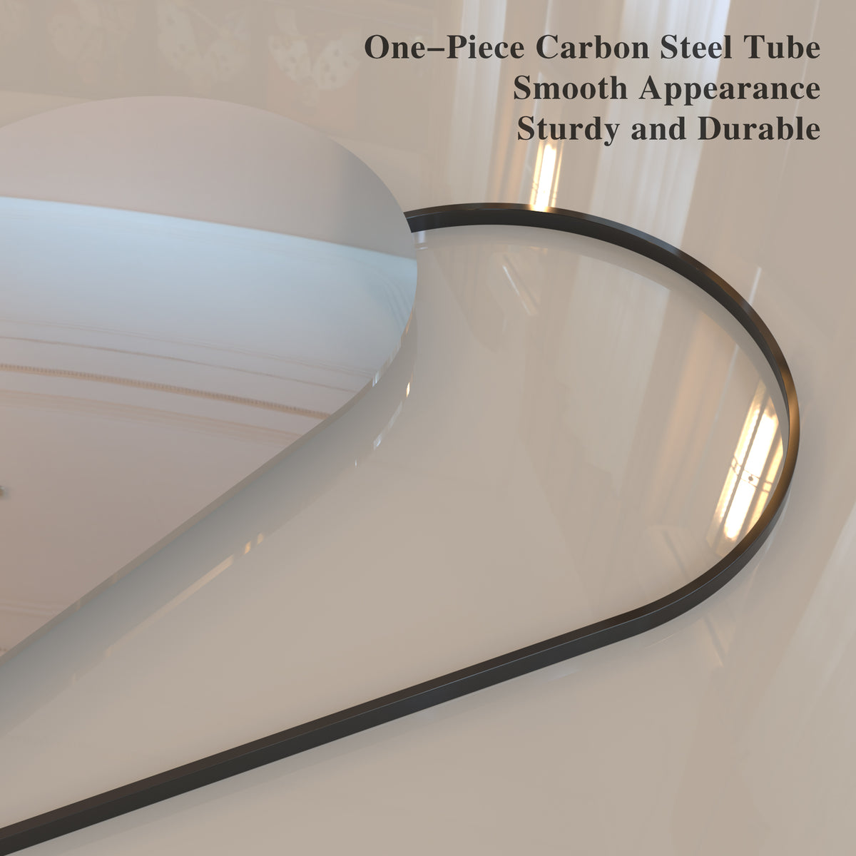 Close-up of arched floor mirror edge with smooth dark frame