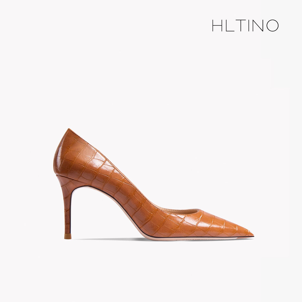 Women's pointed-toe high heel pump in brown croc-textured patent leather, side profile.