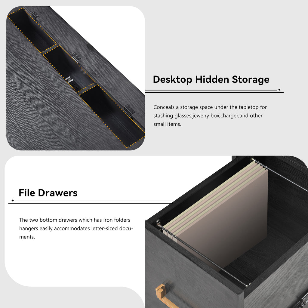 Black desk with hidden storage space under the tabletop and revealed file drawer fronts.