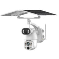 White outdoor solar dual-lens security camera with solar panel and wall mount
