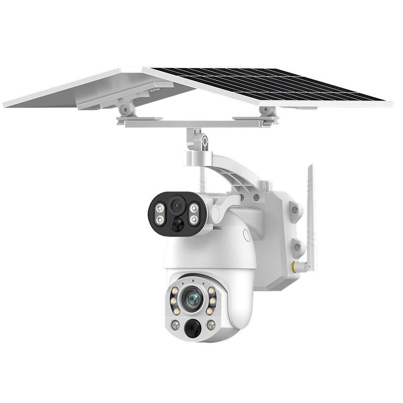 White outdoor solar dual-lens security camera with solar panel and wall mount