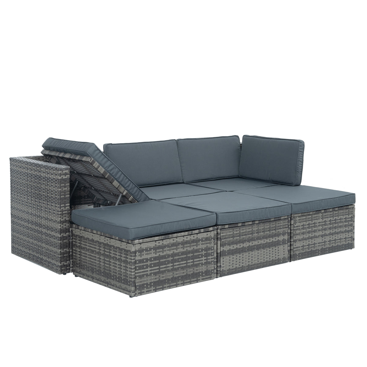 Outdoor wicker sectional sofa with dark gray cushions and attached chaise ottoman