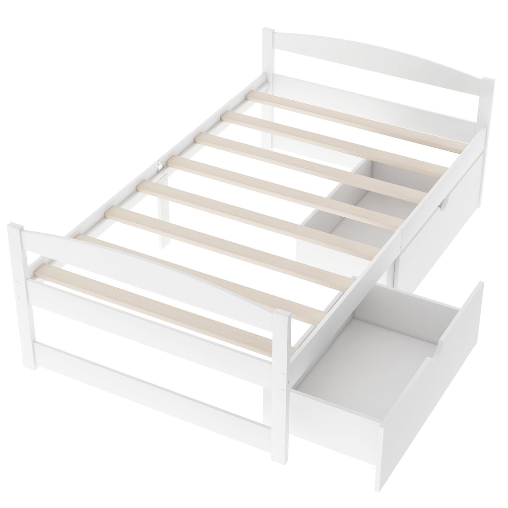 White twin platform bed with slatted support and side drawer storage compartment.