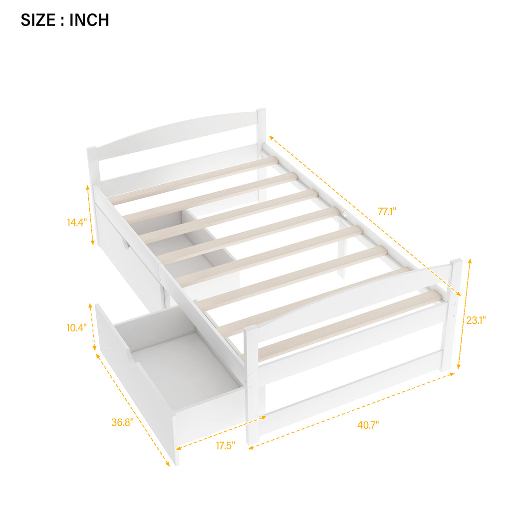 White twin platform bed with two under-drawers and slatted platform frame