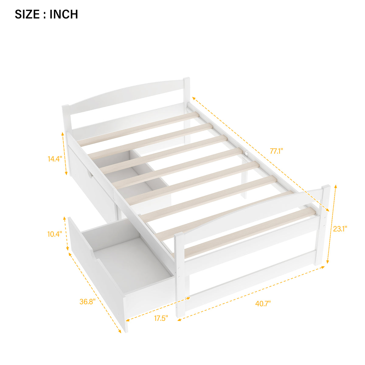 White twin platform bed with two under-drawers and slatted platform frame