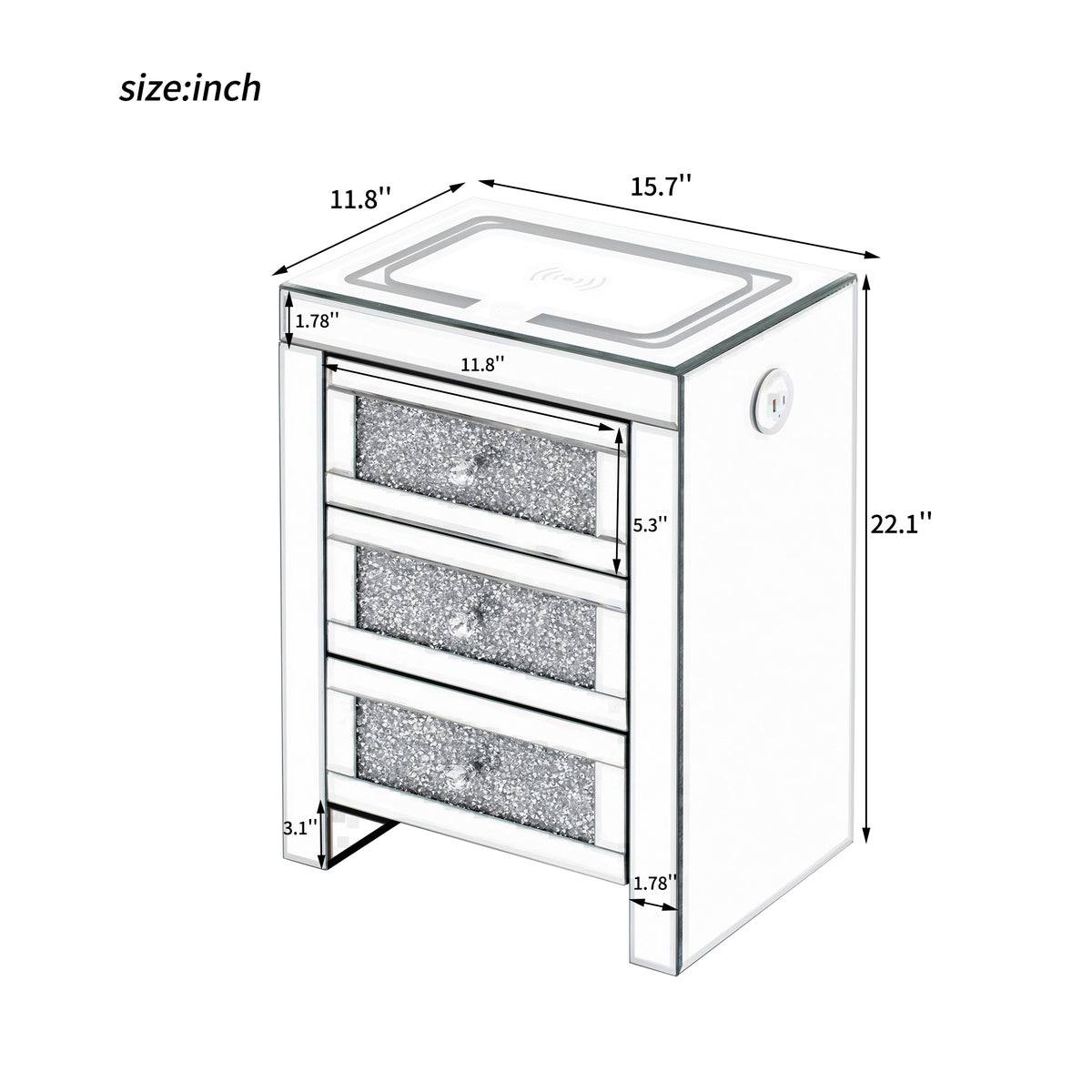 Rectangular mirror coffee table dimension diagram with charging top and crystal-style handle