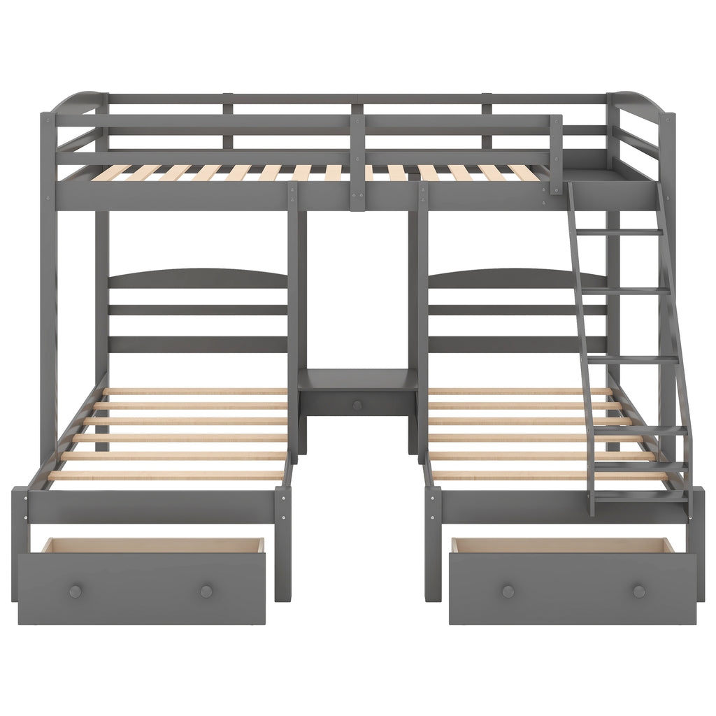 Gray triple bunk bed frame with guard rails, ladder, and two drawer units