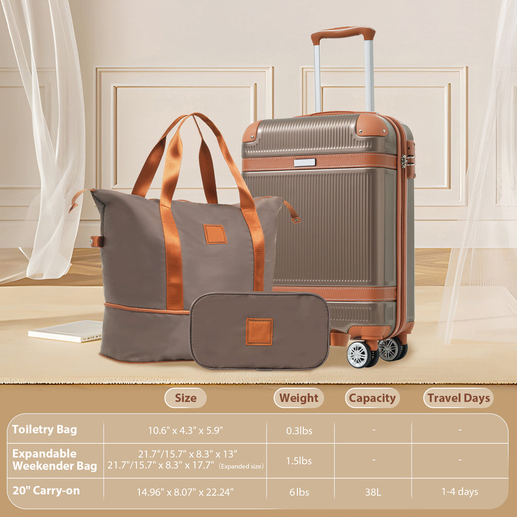 Gray hardshell carry-on suitcase with copper handle and trim, with matching duffle bag