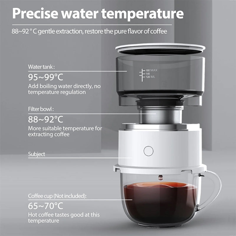 Automatic drip coffee maker showing heating chamber with glass cup of brewed coffee
