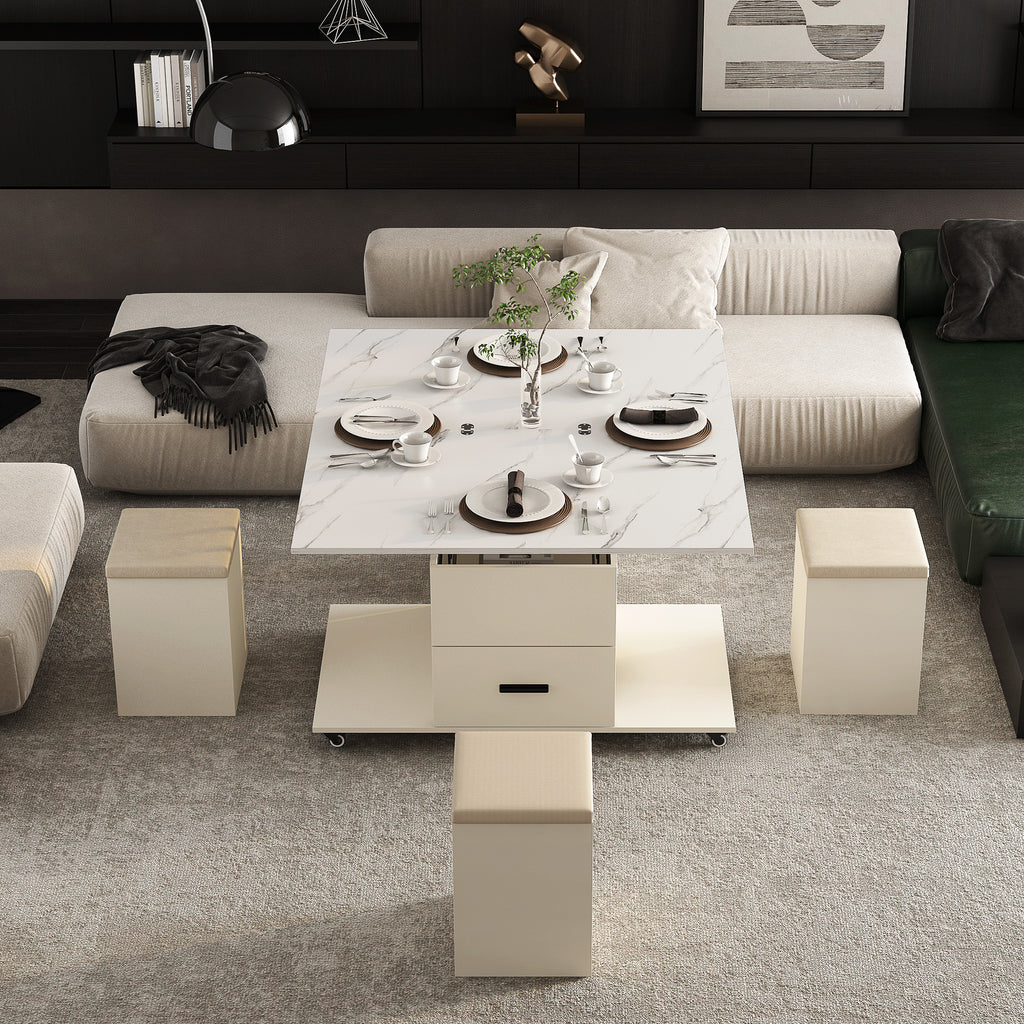 White lift-top coffee table with open storage compartments and a front drawer