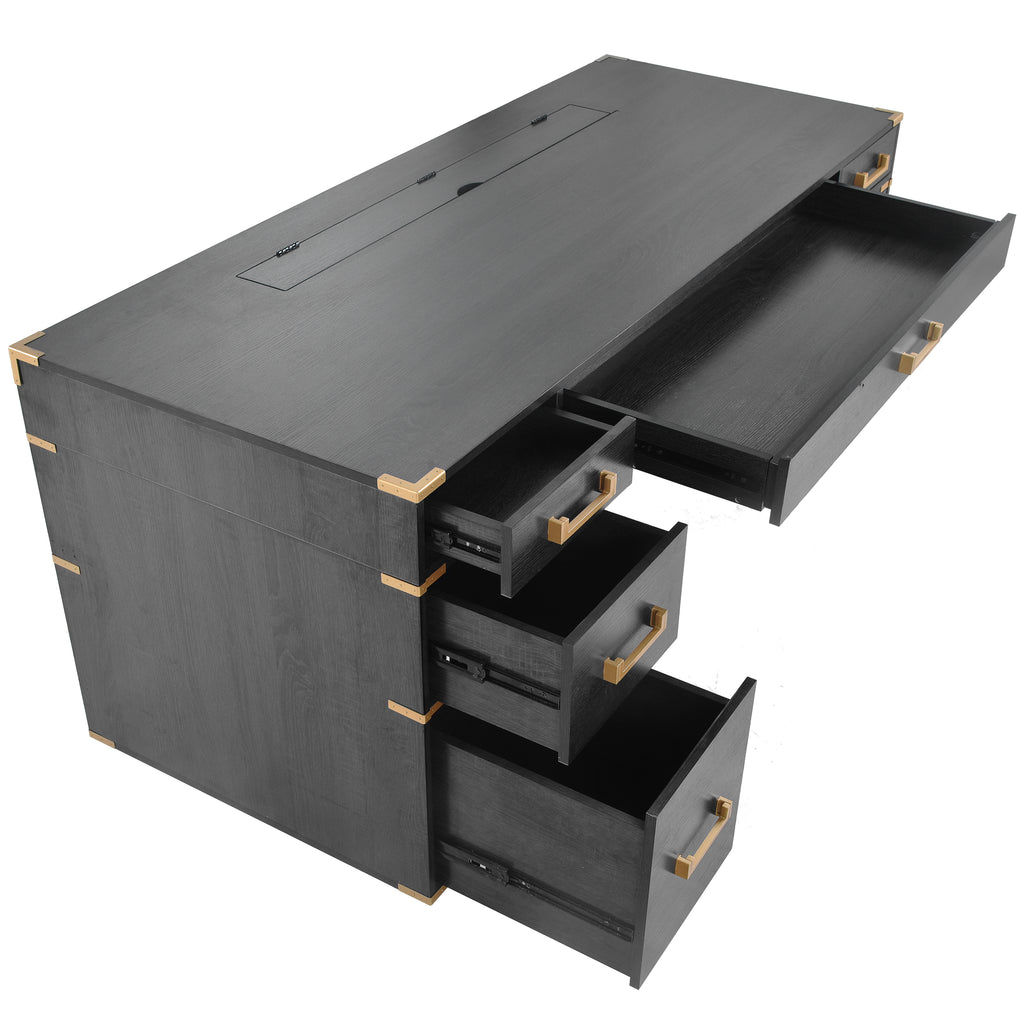 Black executive desk with metal trim and two file drawers, open cubby on side