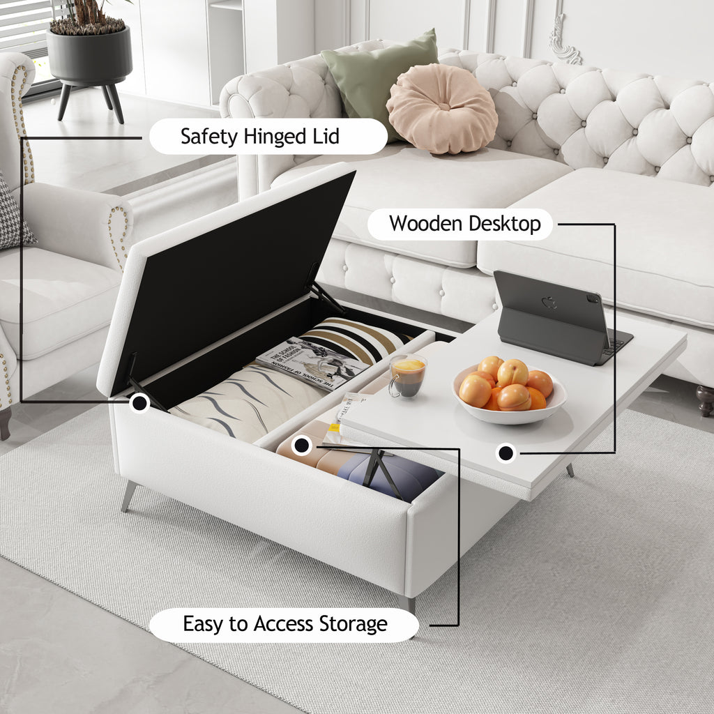 White storage ottoman with safety-hinged open lid and wooden desktop tabletop