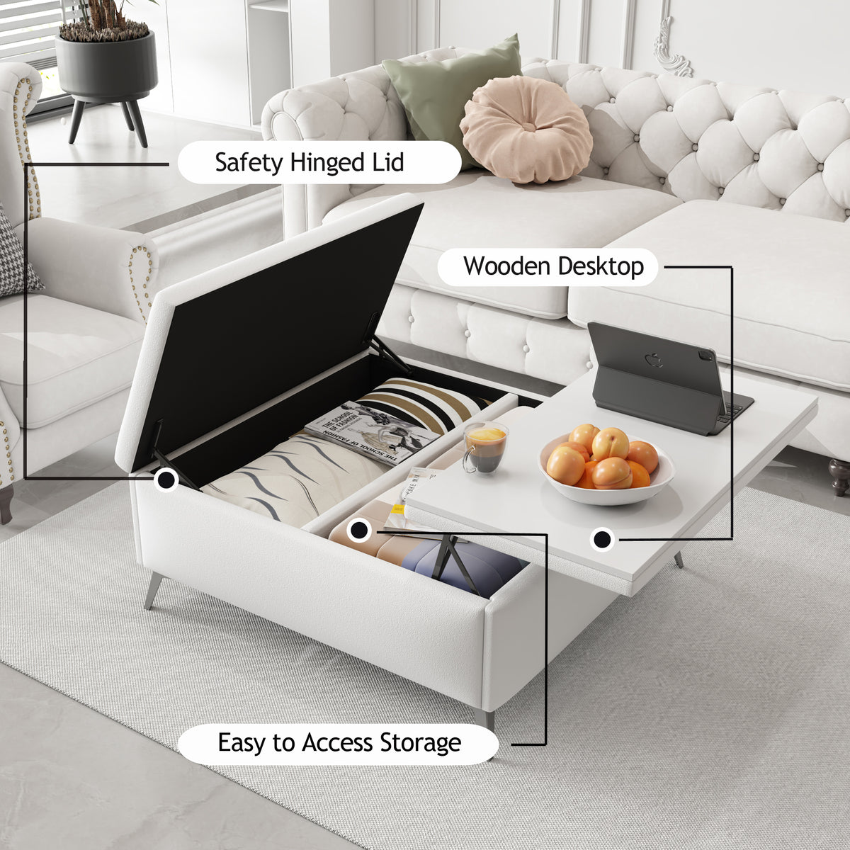 White storage ottoman with safety-hinged open lid and wooden desktop tabletop