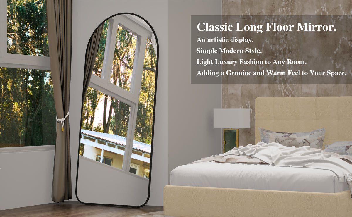 Classic long arched floor mirror with black frame and reflective glass.