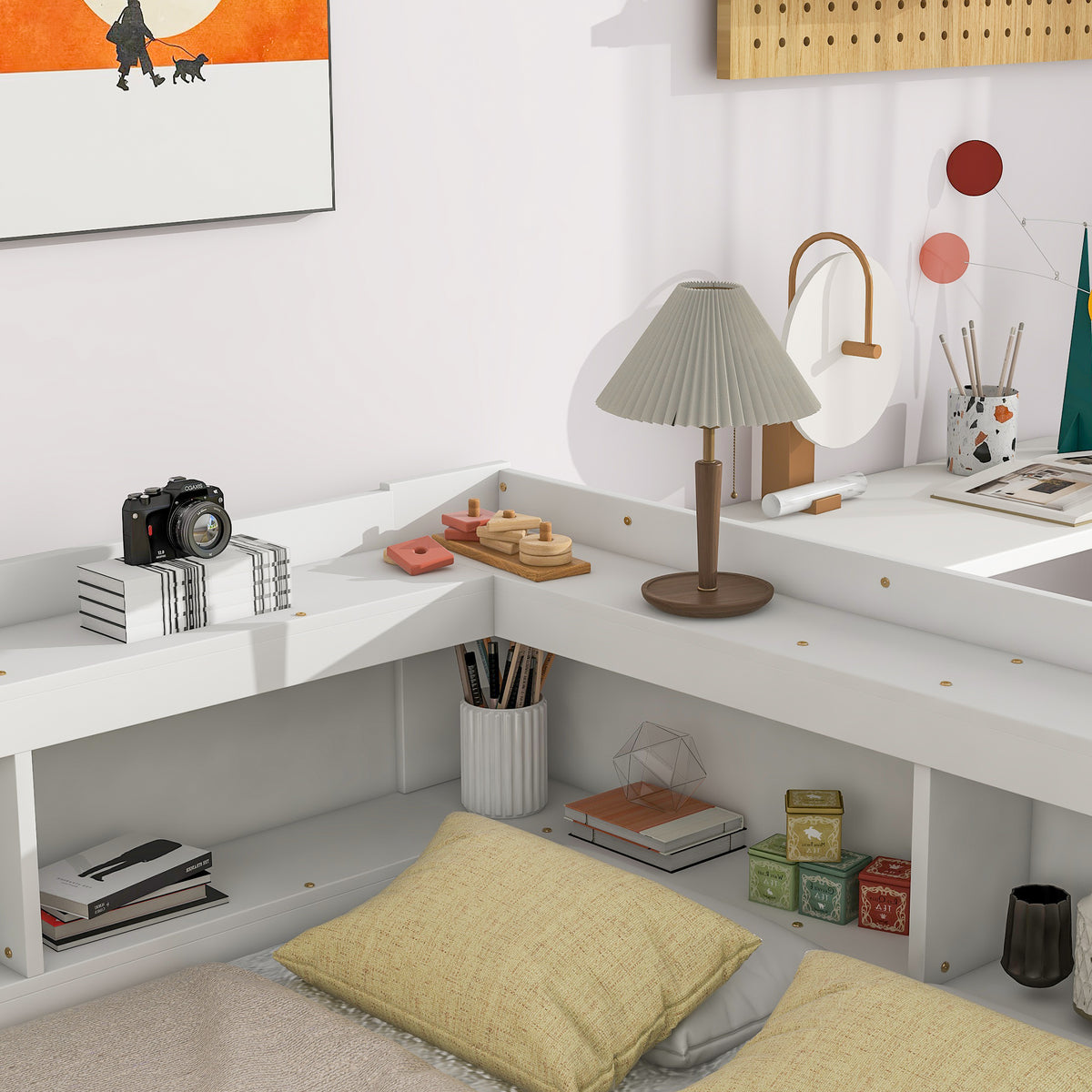 White bed frame with L-shaped bookcase shelves and built-in drawers, styled with bedding