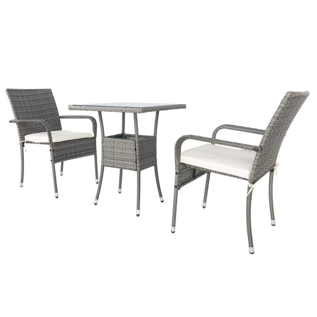 3-piece grey wicker conversation set with two cushioned armchairs and square glass table