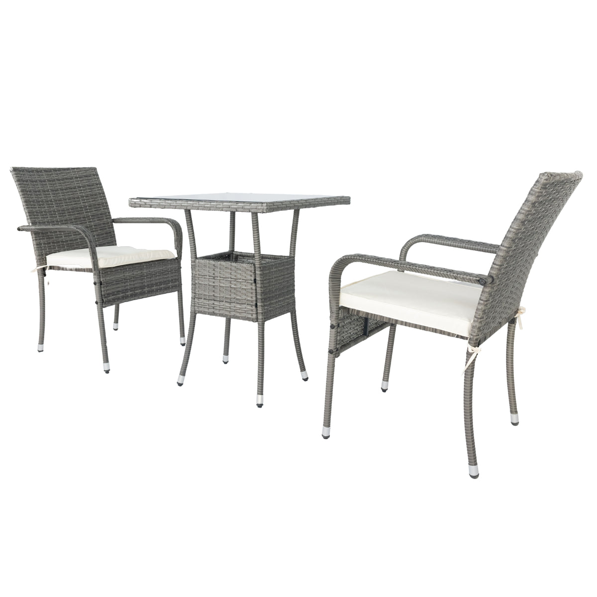3-piece grey wicker conversation set with two cushioned armchairs and square glass table