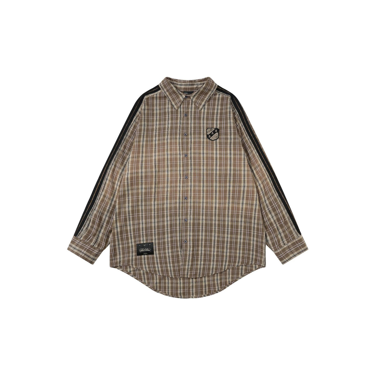 Brown and dark plaid oversized shirt jacket, button front, small chest patch, long sleeves
