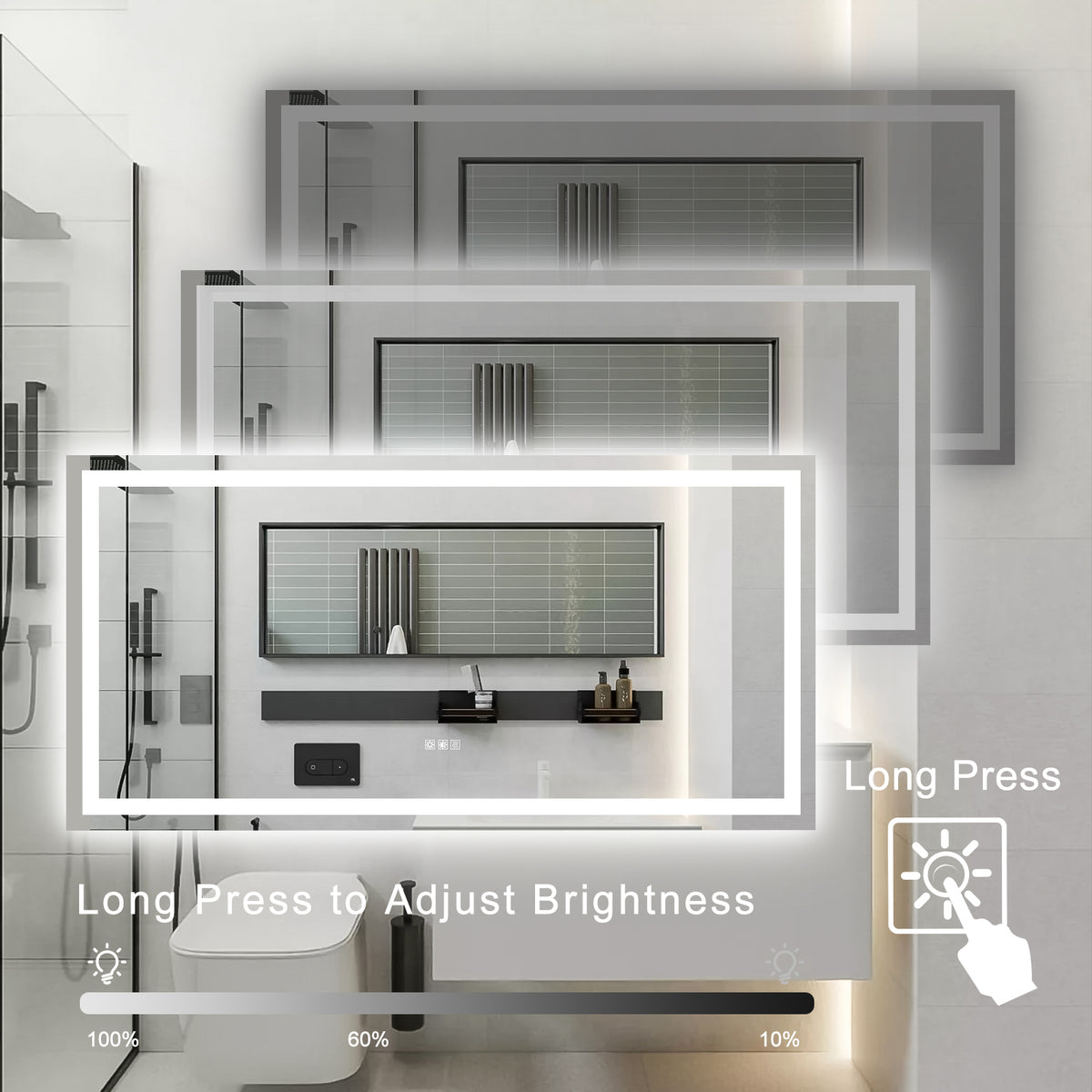 Dimmable LED bathroom mirror with white frame and adjustable brightness glow