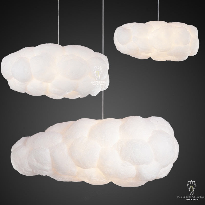Set of white cloud LED pendant lamps with textured fabric shades and hanging cords