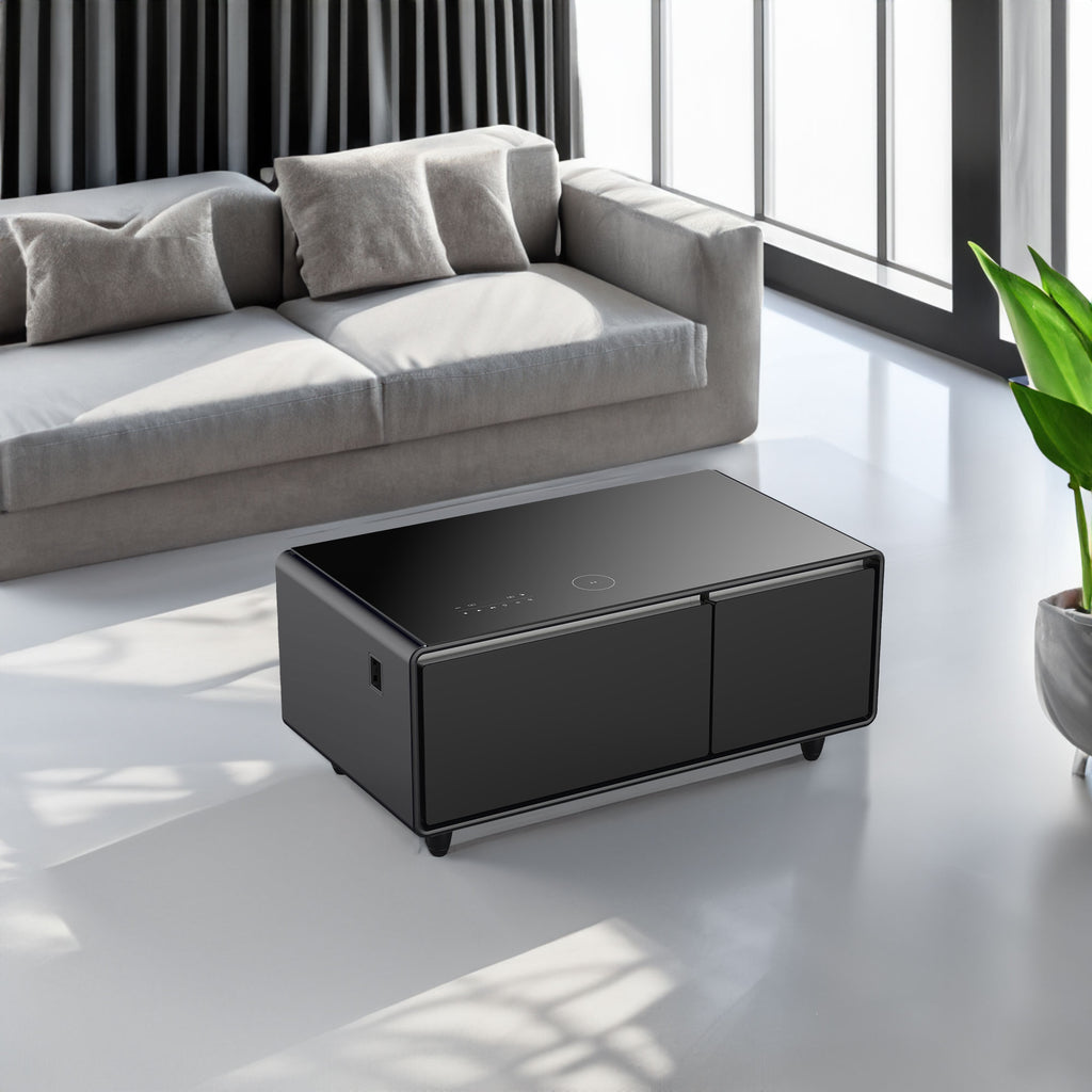 Black smart coffee table with two-door storage and smooth top control panel