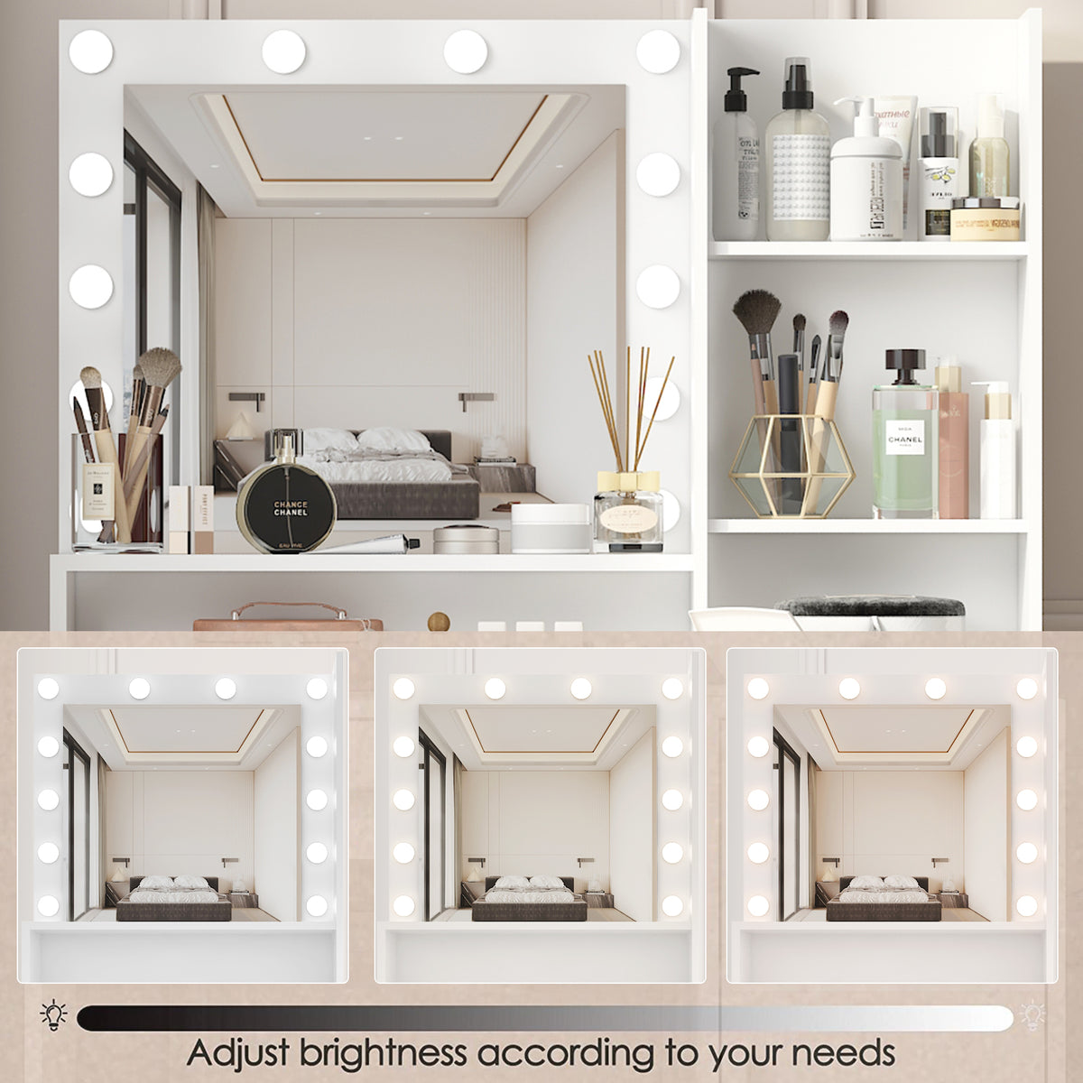 White makeup vanity desk with lighted mirror, open shelves, and wide tabletop