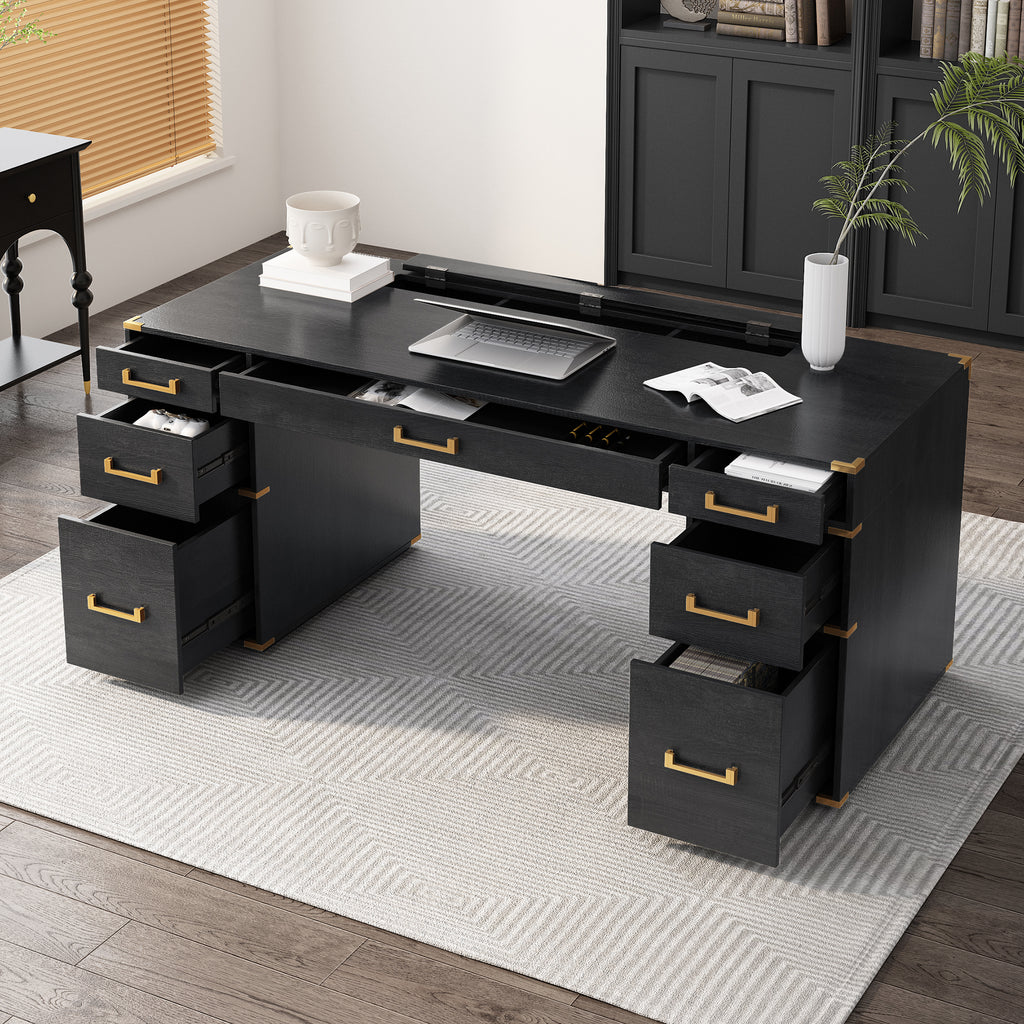 Black desk with open drawers and compartments, gold pull handles, and gold edge trim.