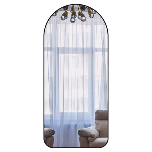 Arched full-length mirror with black frame and reflective glass.