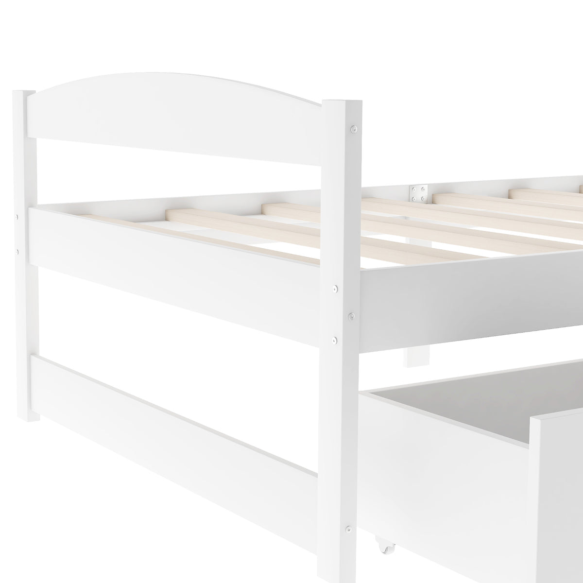 White twin platform bed showing headboard posts and slat support over drawers