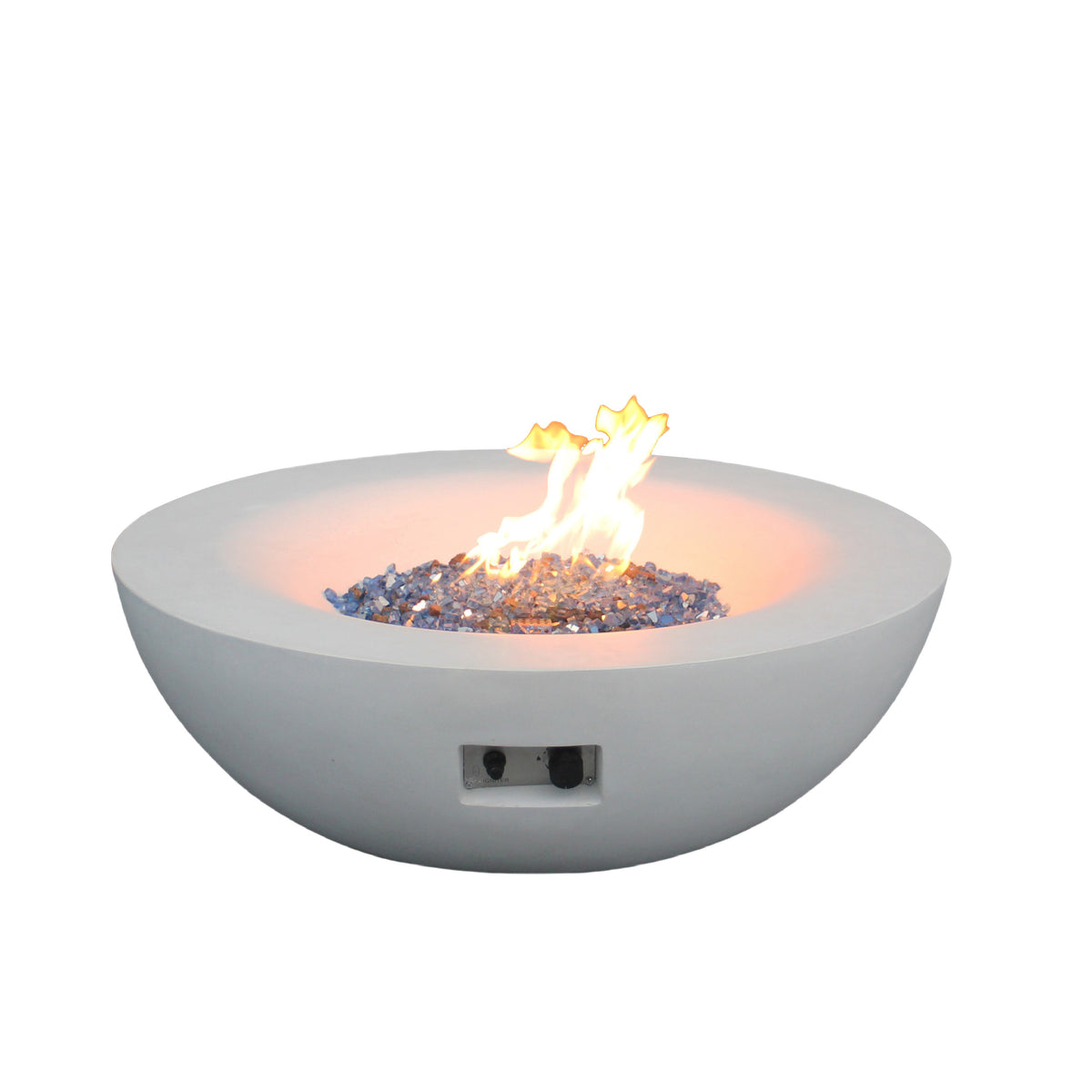 Antique white concrete propane fire pit bowl with center flame and side burner vent