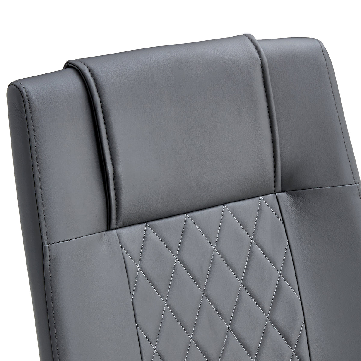 Gray chair back with quilted diamond stitching and padded headrest