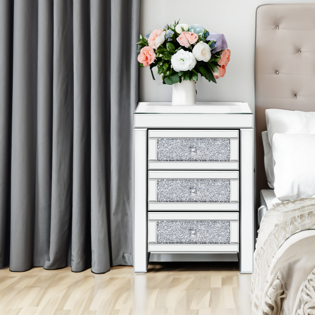 Silver rectangular mirror coffee table with three glitter drawers and open-front charging top
