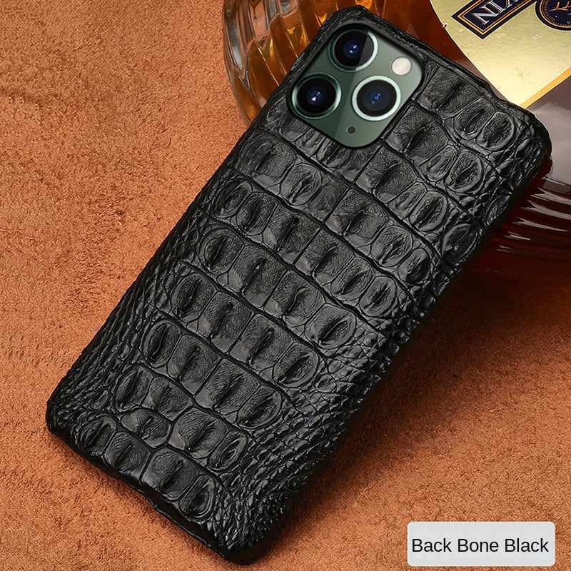 Black crocodile leather phone case with raised crocodile-style front panel