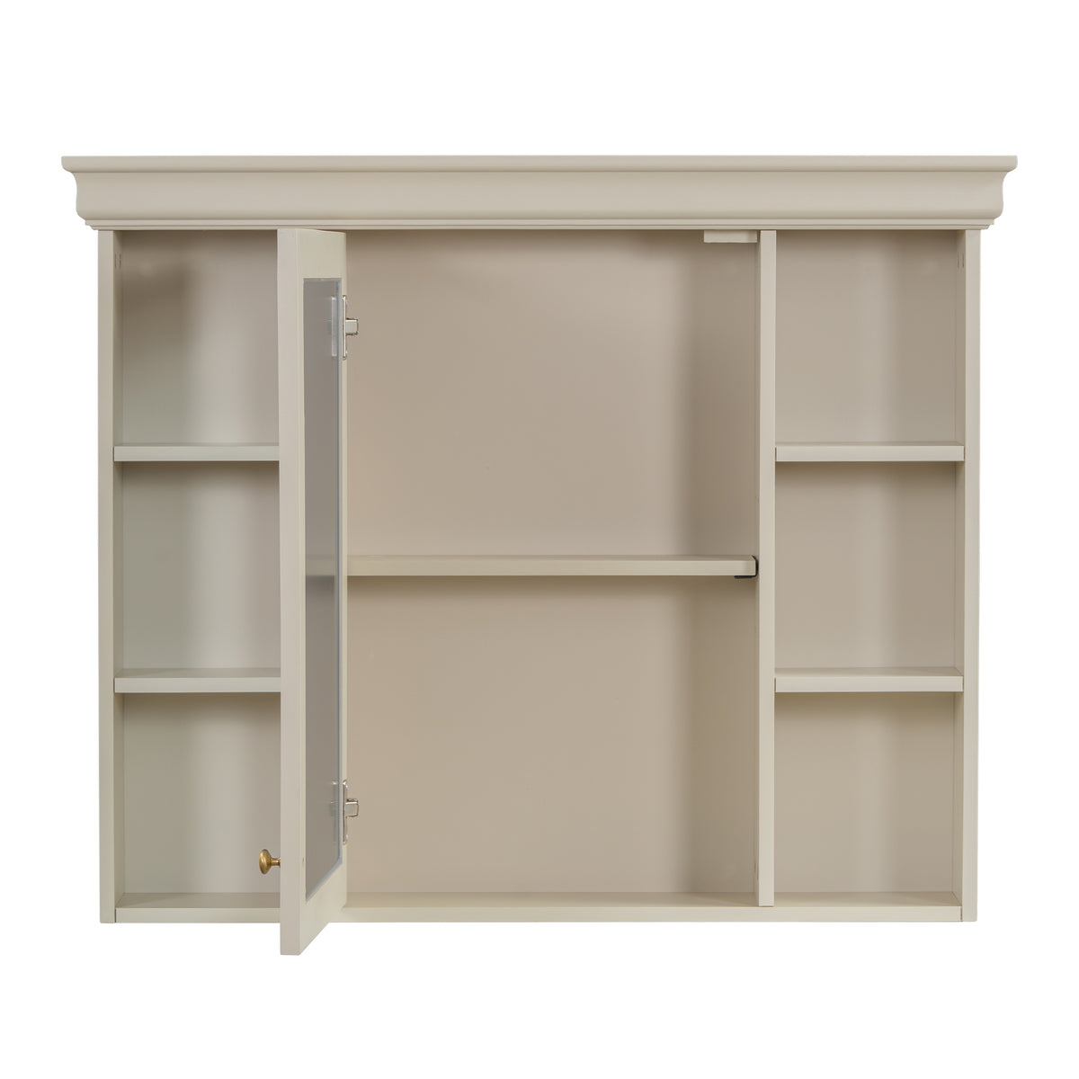 Cream bathroom wall cabinet open view with storage shelves and side compartments