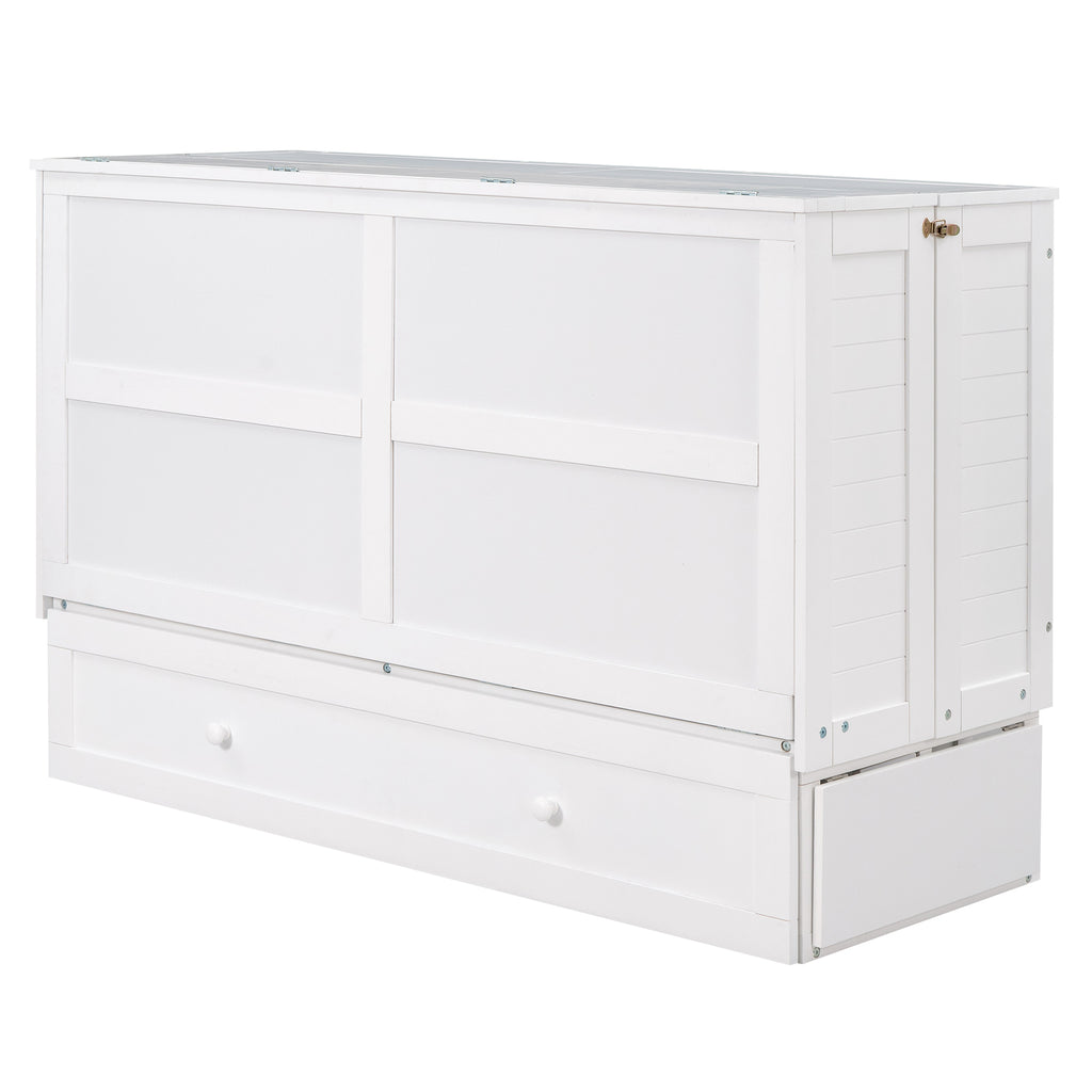 White queen Murphy bed cabinet front with central drawer and side panel details