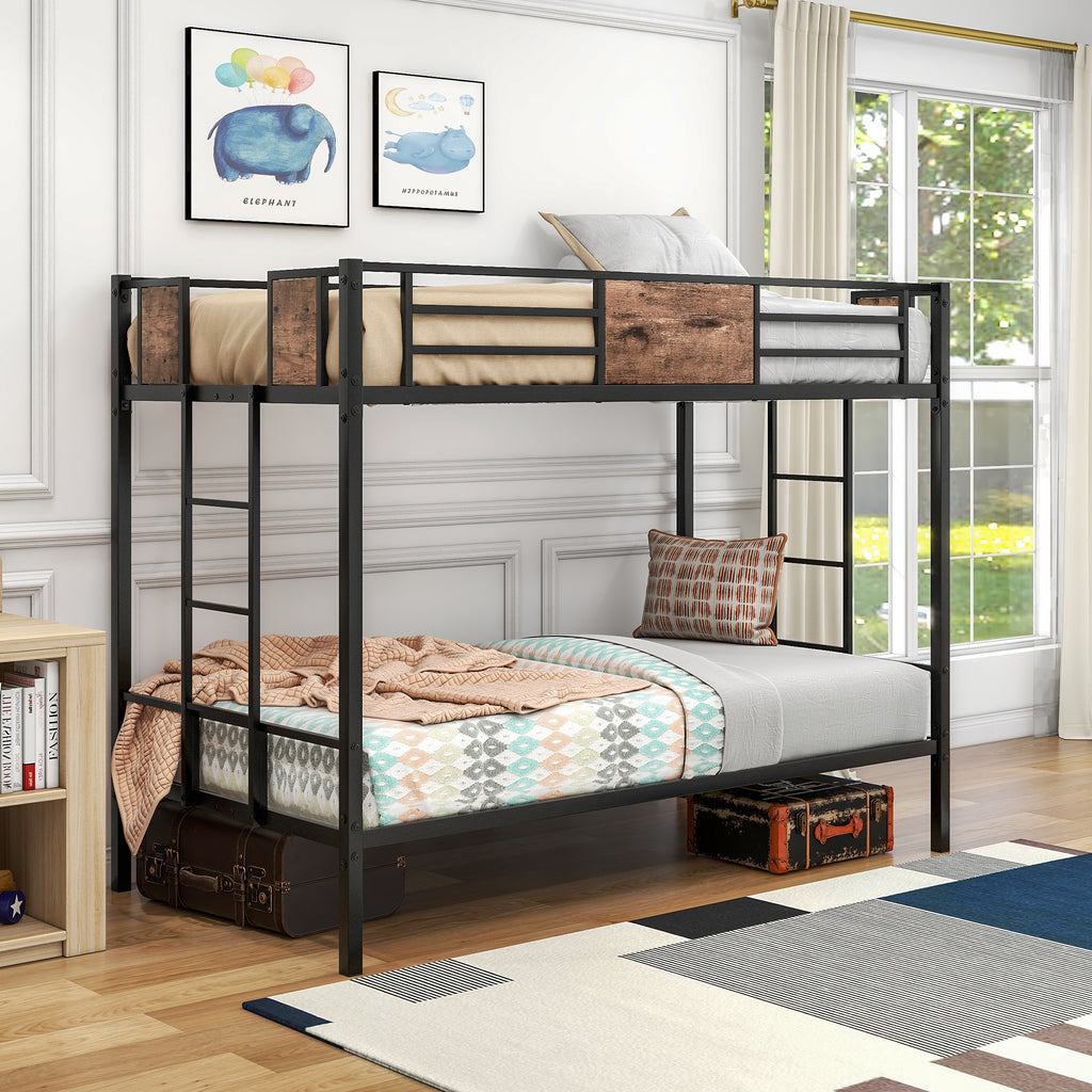Black metal twin-over-twin bunk bed with ladder, full-length guardrail, and twin mattresses