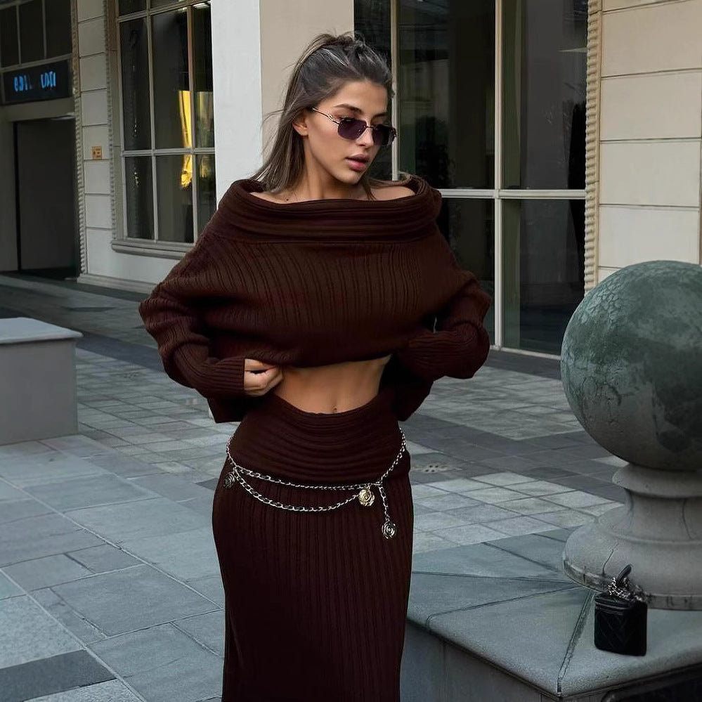 Brown off-shoulder ribbed knit sweater with matching long knit skirt set