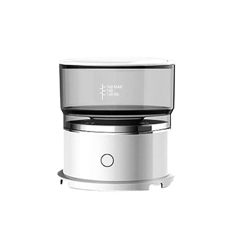 Compact white electric coffee grinder & drip brewer with clear top and power button