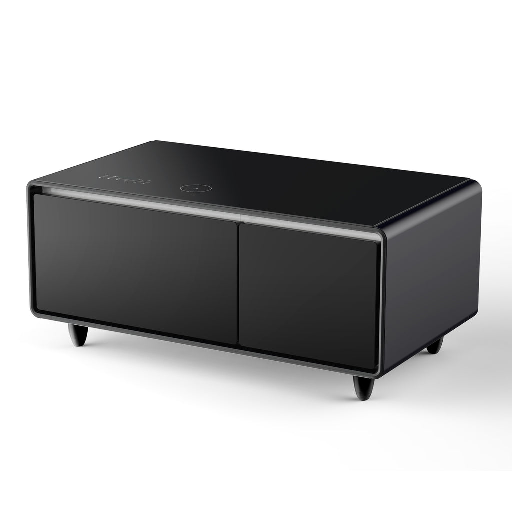Black smart coffee table with smooth top panel and two front cabinet doors