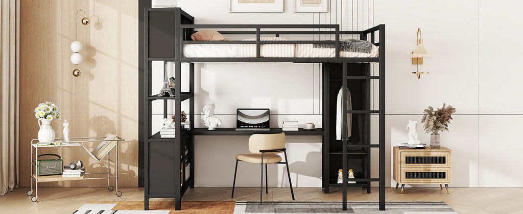 Black metal full-size loft bed with open shelving, desk area, and wardrobe storage