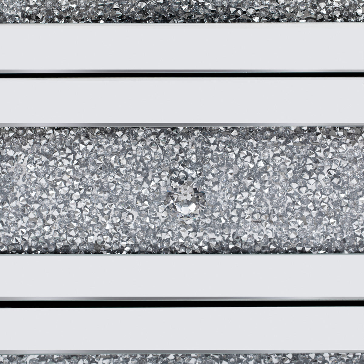 Mirrored crystal-style inlay with silver glitter texture on a rectangular coffee table
