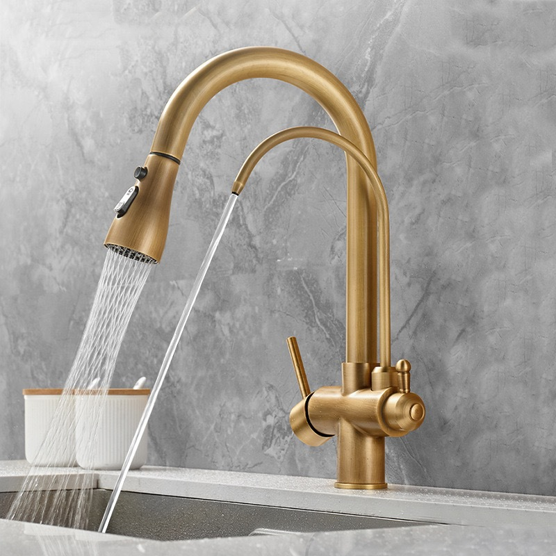 Antique brass kitchen faucet with pull-out sprayer, hot/cold handles, curved spout