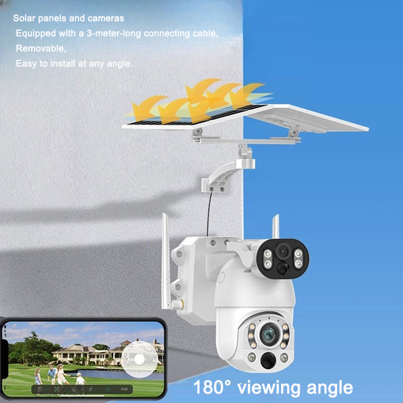 White solar dual-lens security camera with rotating mount and solar panel