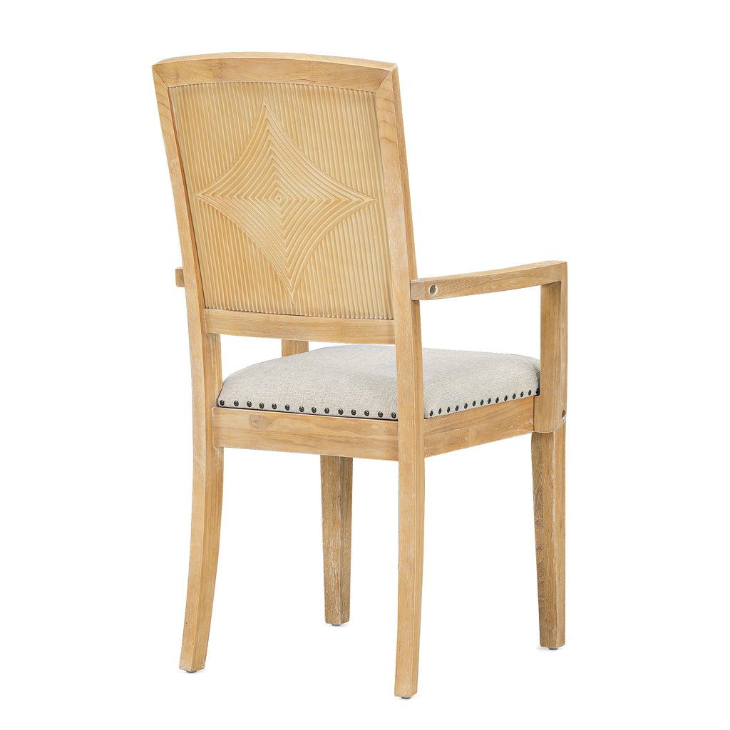 Natural wood dining chair with geometric back panel and beige cushioned seat
