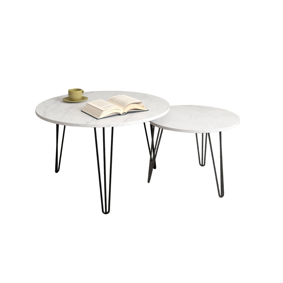 Pair of round nesting coffee tables with white marble-look tops and black metal legs